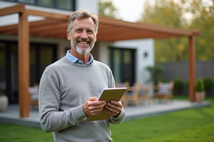 Homme souriant avec carnet devant pergola moderne dans jardin