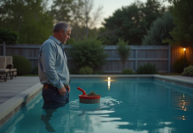 Pourquoi éviter de faire fonctionner la piscine la nuit : dangers et solutions Homme d'âge moyen près d'une piscine en soirée regardant le panier à skimmer