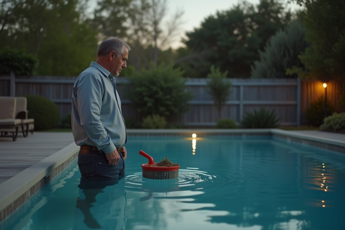 homme-piscine-degats-dusure Homme d'âge moyen près d'une piscine en soirée regardant le panier à skimmer
