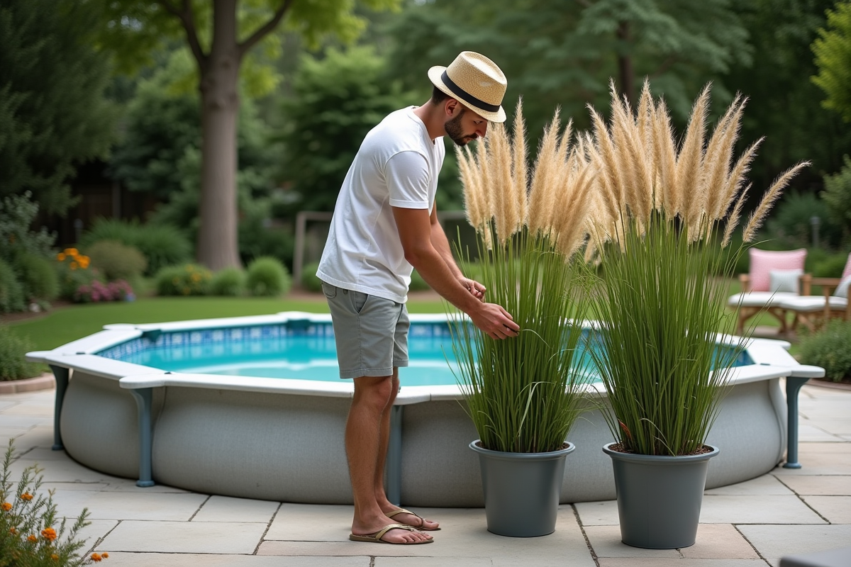 Homme arrangeant des plantes autour de la piscine