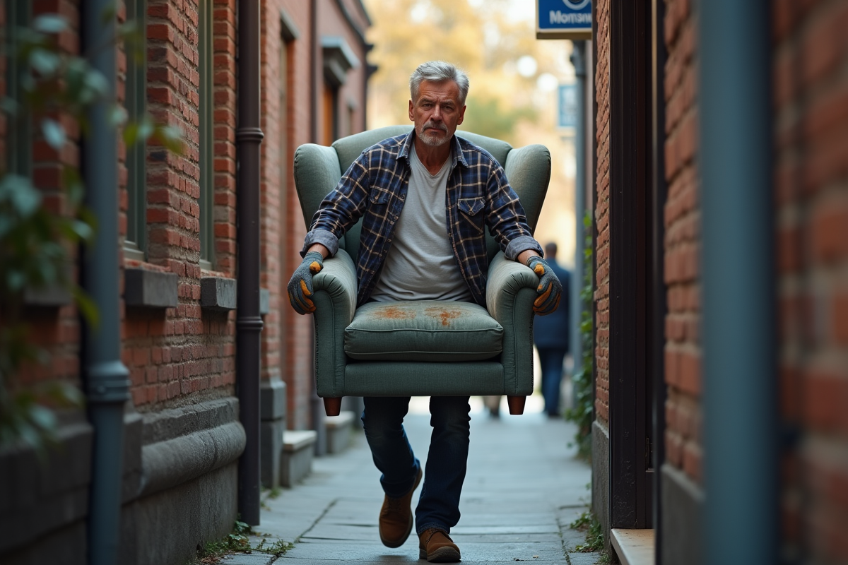 Homme portant un fauteuil usé dans une entrée d