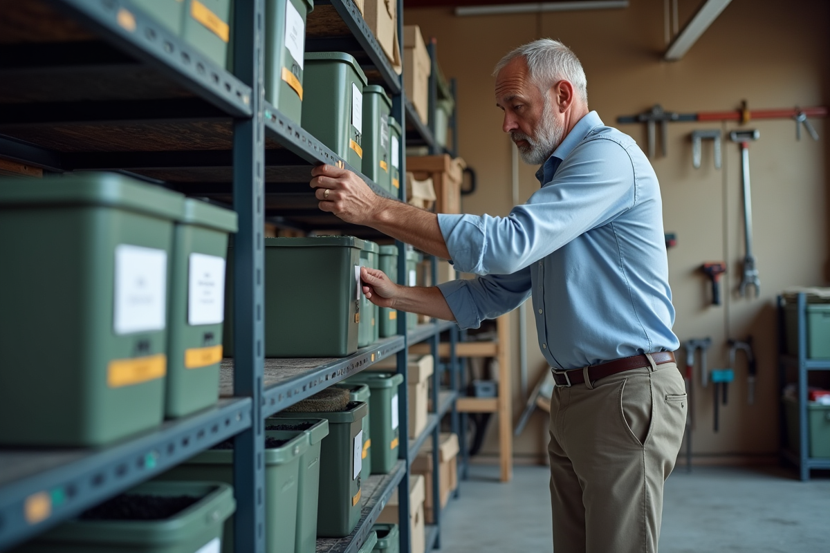 Homme rangeant des contenants dans un garage lumineux