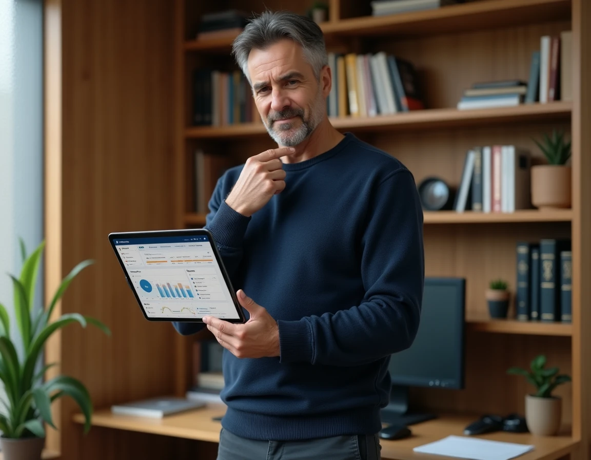 Homme consultant un tableau comparatif de logiciels alternatifs sur une tablette dans un bureau à domicile