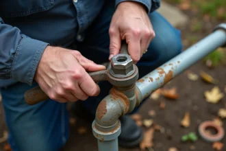 Homme d'âge moyen utilisant une clé pour réparer un tuyau extérieur