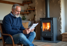 Poêle à granulés : pourquoi il ne faut pas en acheter ? Homme d'âge moyen examine un manuel près d'un poêle à pellets