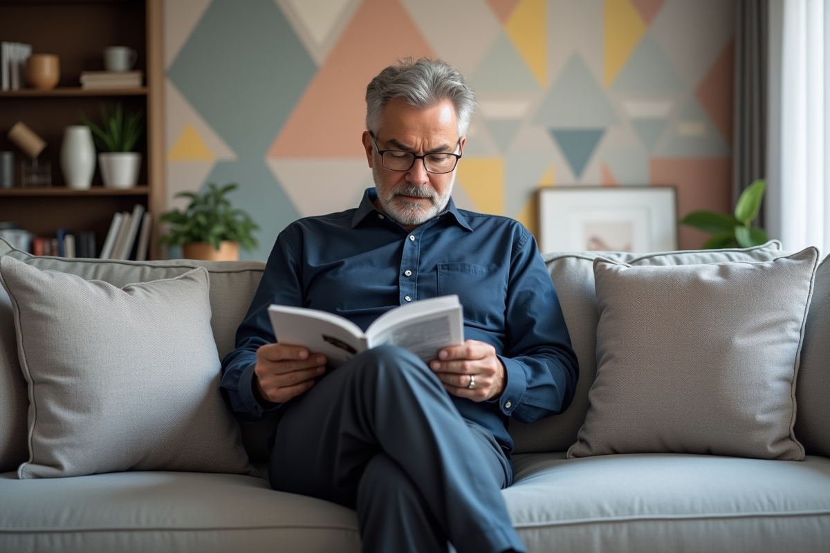 Homme mature lisant magazine dans un salon moderne