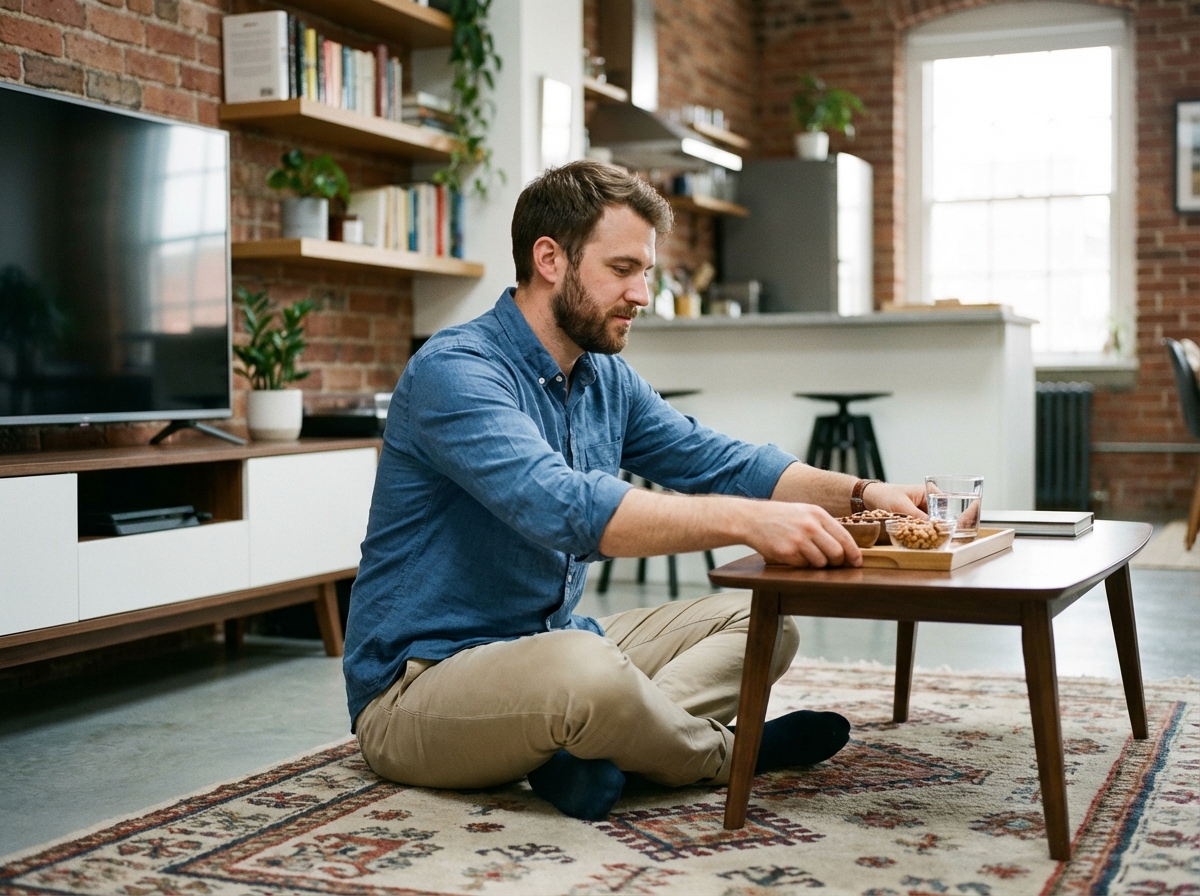 Homme assis sur tapis avec snacks devant la télévision