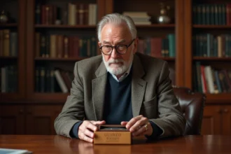 Homme élégant ouvrant une boîte à whisky dans un bureau raffine