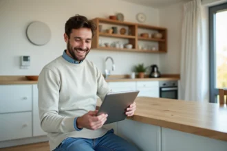 Homme souriant utilisant une tablette dans une cuisine moderne