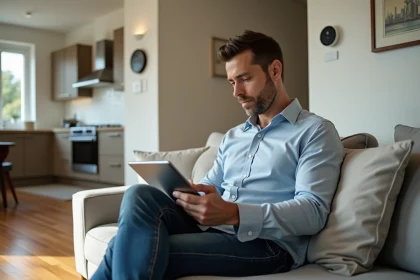 Homme utilisant une tablette pour régler la maison connectée