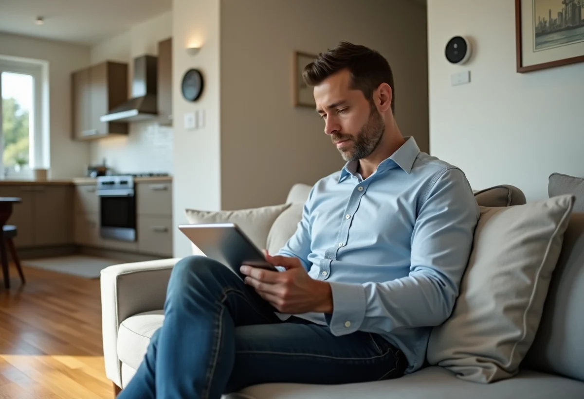 Homme utilisant une tablette pour régler la maison connectée
