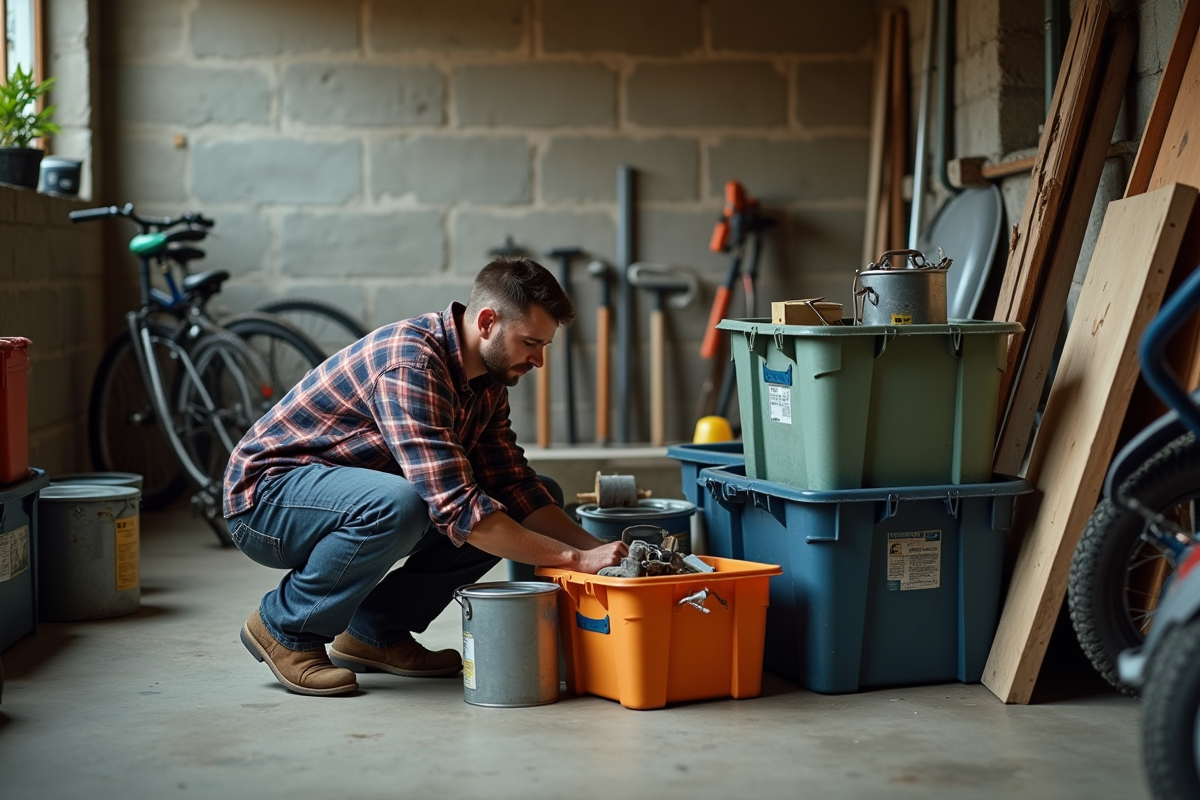 Jeune homme triant des outils dans un sous-sol en désordre