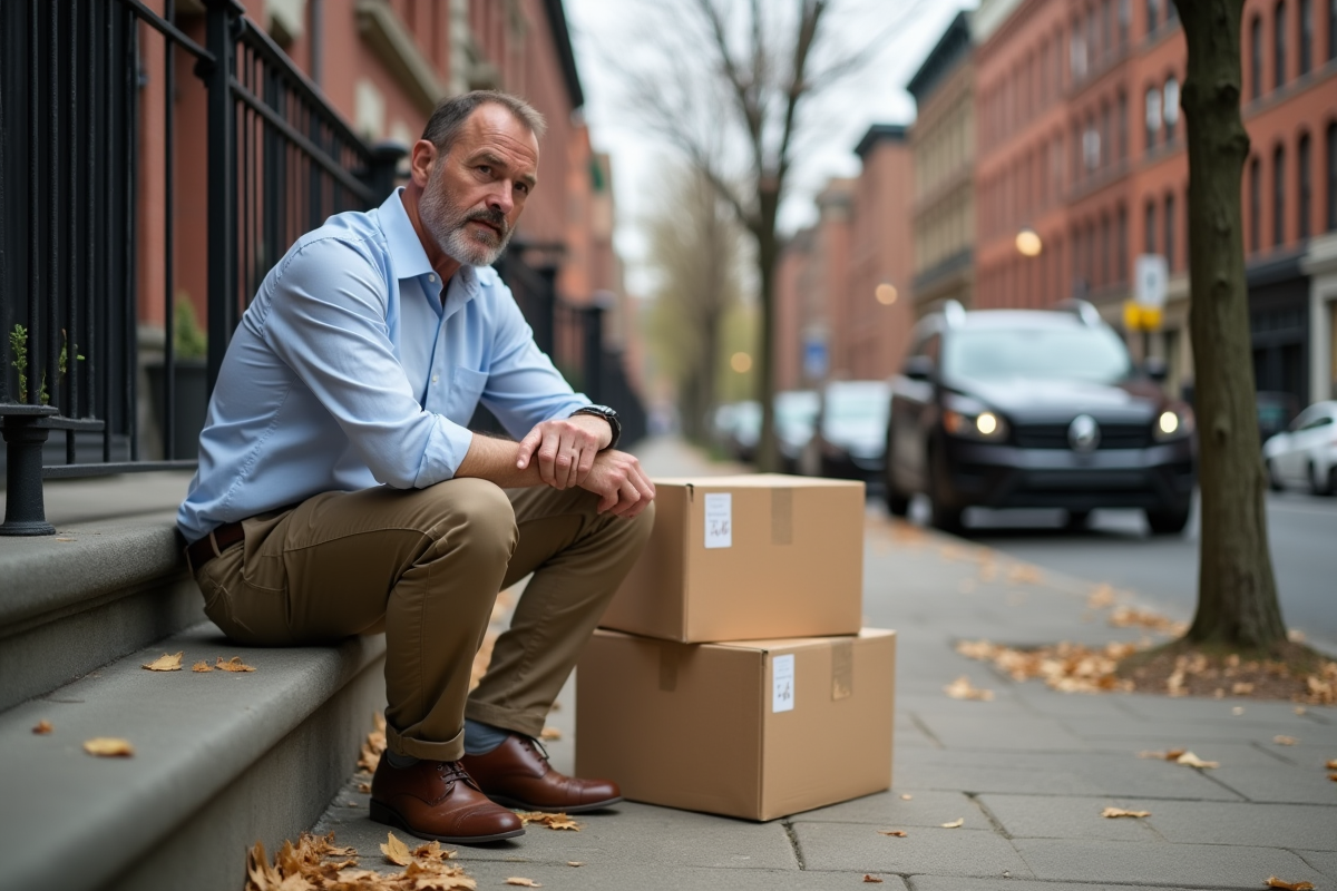 Homme regardant sa montre près de cartons de déménagement en ville