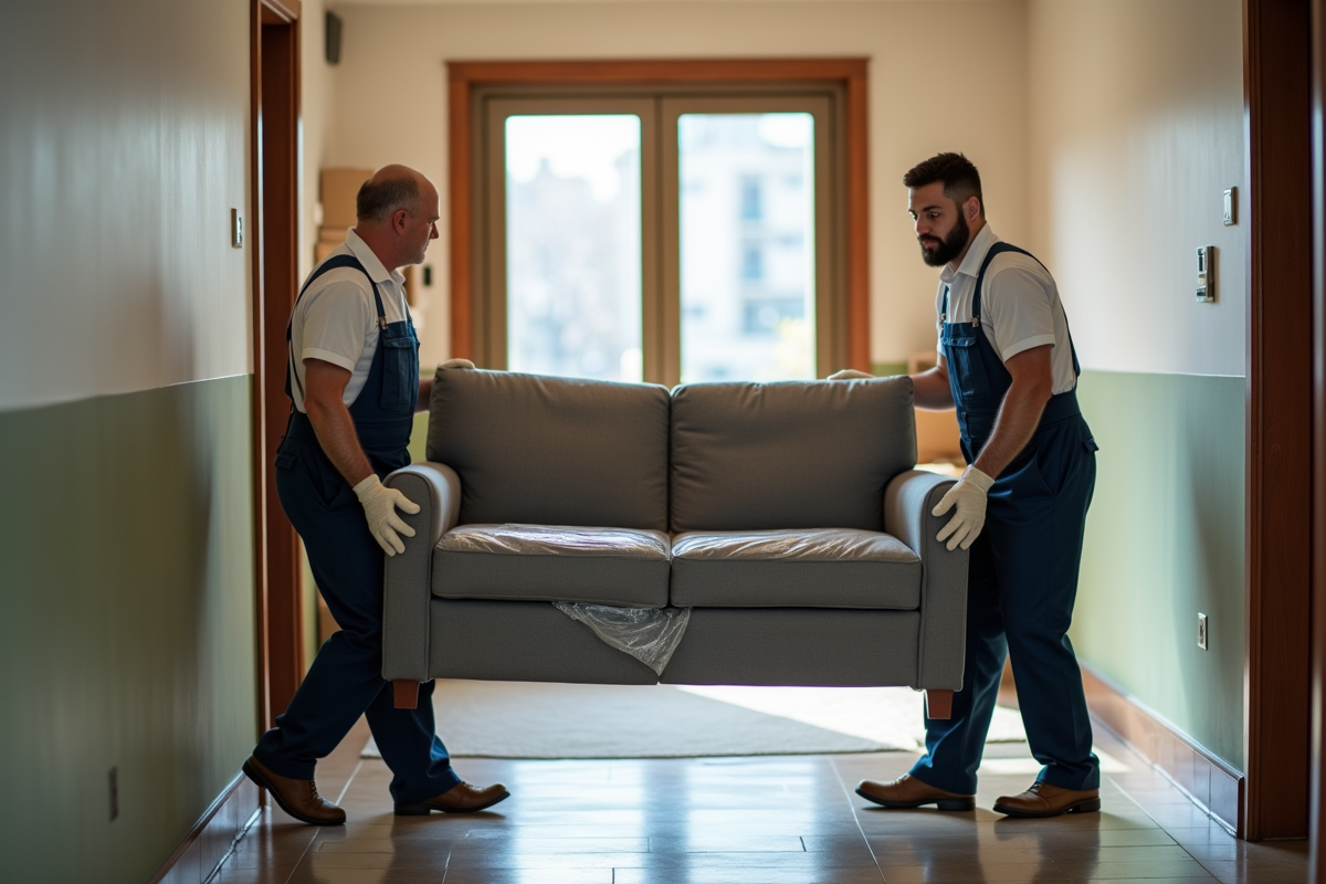 Deux hommes protégeant un canapé lors d’un déménagement en entrée d’immeuble