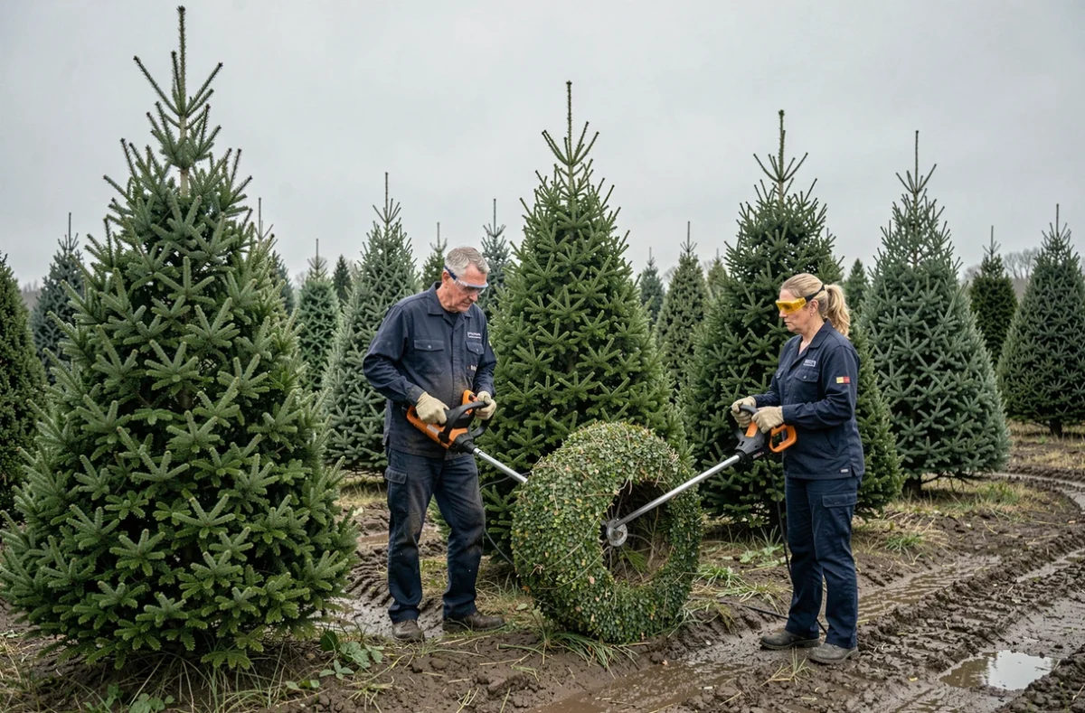 Deux horticulteurs professionnels taillant des rangées de sapins de Noël dans une plantation rurale en hiver