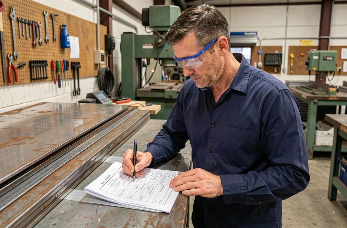 Ingénieur consultant une fiche technique de fer plaque dans un atelier métallurgique industriel