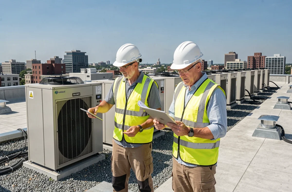 Ingénieurs inspectant des pompes à chaleur aérothermiques industrielles sur un toit de bâtiment commercial