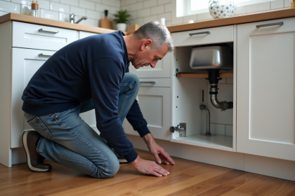 Homme d'âge moyen inspectant un tuyau qui fuit dans une cuisine moderne