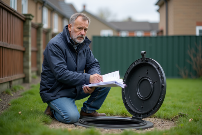 Homme d'âge moyen inspectant une canalisation extérieure