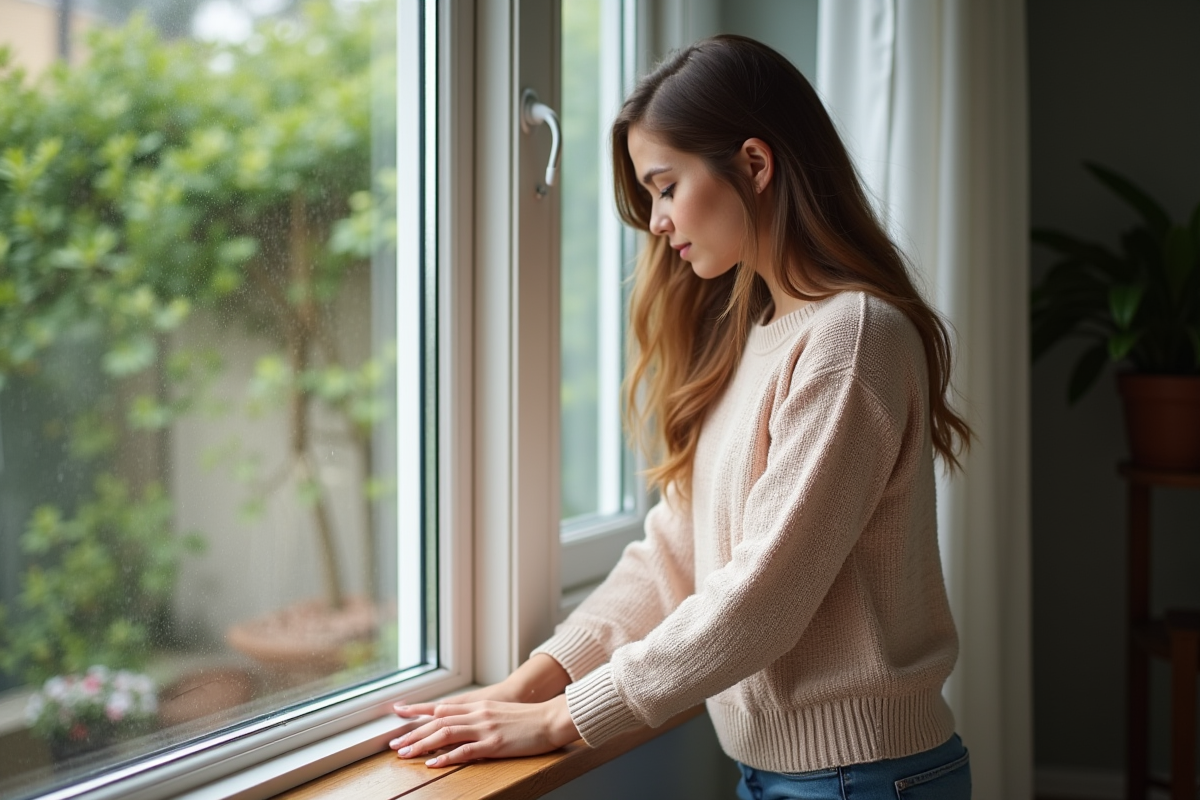 Jeune femme inspectant le joint de silicone sur une fenêtre