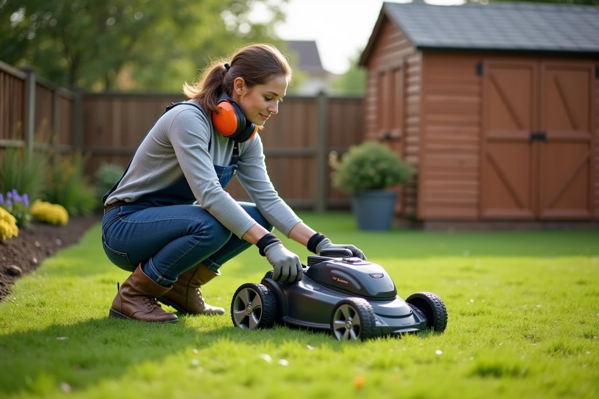 Femme inspectant la protection de lame d'une tondeuse sans fil Parkside avant utilisation dans un jardin résidentiel