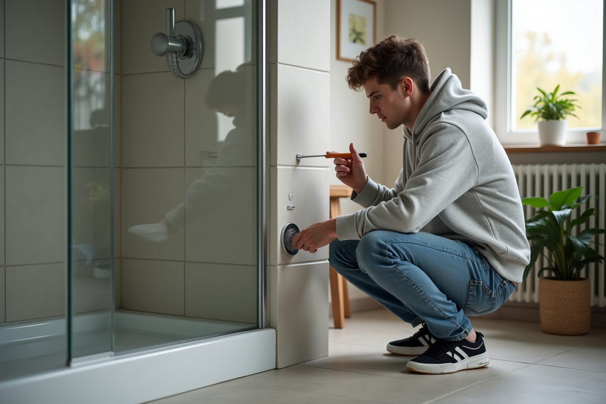 Jeune homme inspectant une grille de ventilation dans la salle de bain
