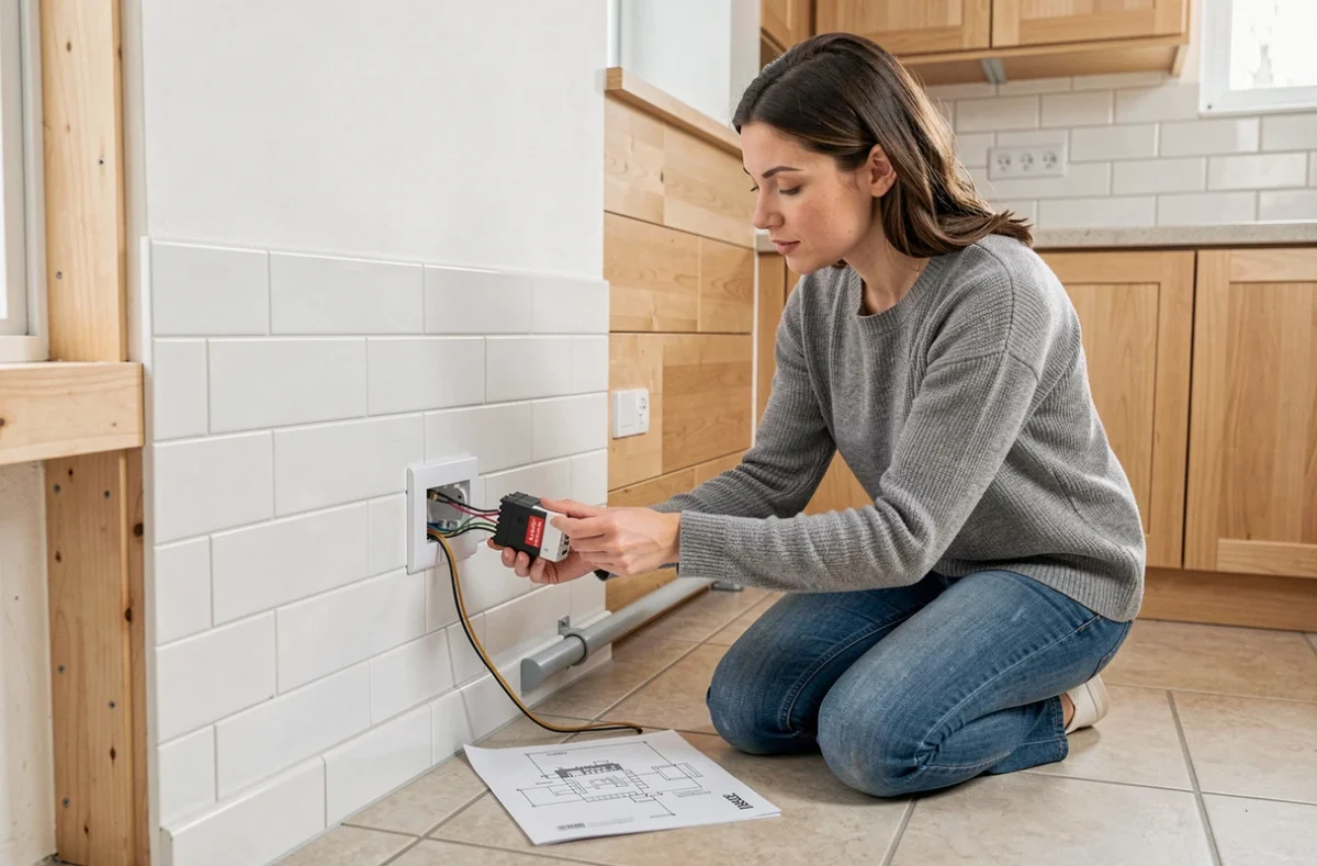 Femme installant un bouton poussoir Legrand dans une cuisine rénovée en consultant un schéma de câblage