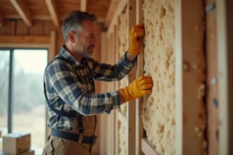 Hommes posant l'isolant naturel entre murs en rénovation