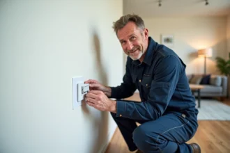 Électricien installant un module radio Yokis va-et-vient dans une cloison lors d'une rénovation intérieure