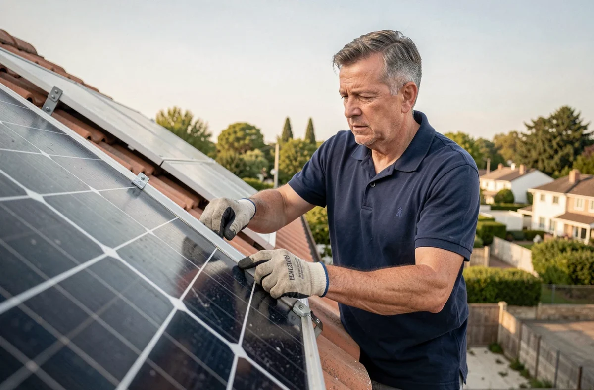 Homme installant un panneau solaire 220V sur le toit d'une maison individuelle avec des rails de fixation