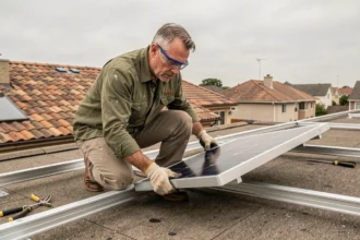 Homme installant lui-même un panneau solaire sur le toit de sa maison en zone pavillonnaire