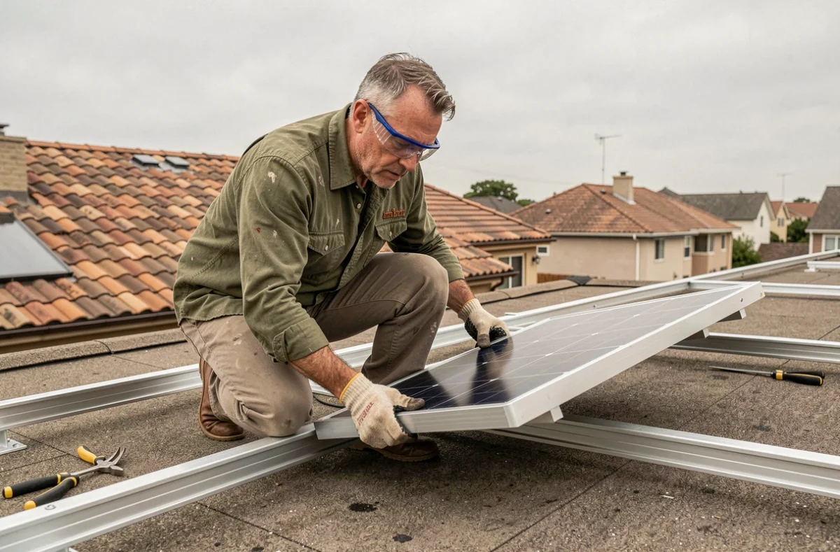 Homme installant lui-même un panneau solaire sur le toit de sa maison en zone pavillonnaire