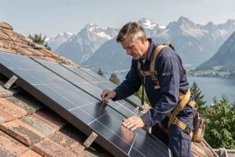 Technicien installant des panneaux solaires sur un toit de maison savoyarde avec les Alpes et le lac d'Annecy en arrière-plan