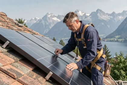 Technicien installant des panneaux solaires sur un toit de maison savoyarde avec les Alpes et le lac d'Annecy en arrière-plan