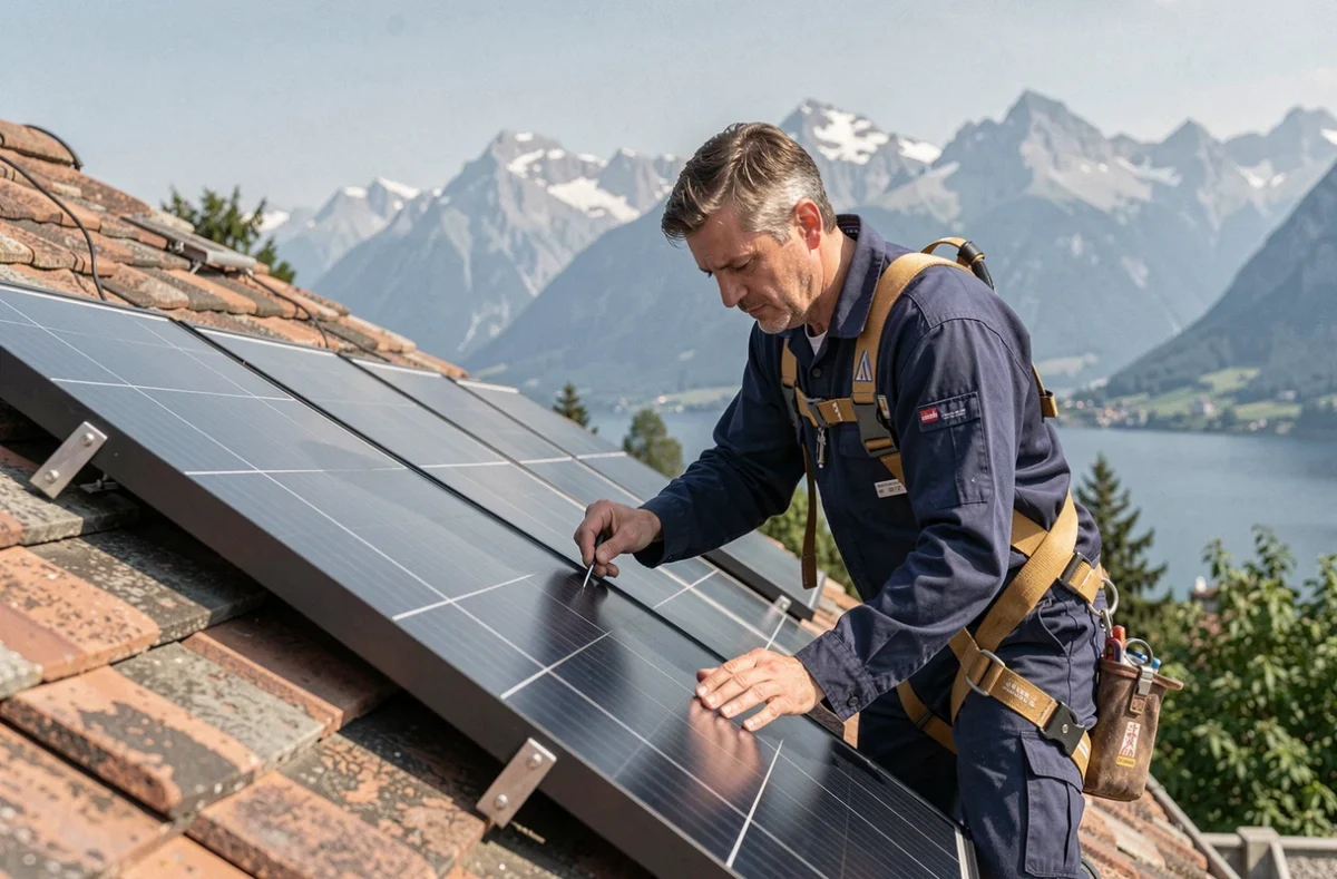 Technicien installant des panneaux solaires sur un toit de maison savoyarde avec les Alpes et le lac d'Annecy en arrière-plan