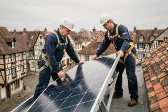 Installateurs de panneaux solaires posant des modules photovoltaïques sur un toit résidentiel à Mulhouse avec architecture alsacienne en arrière-plan