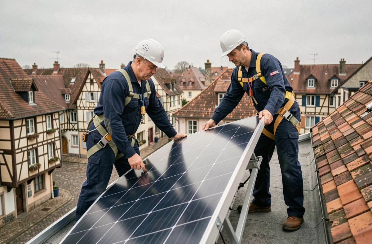 Installateurs de panneaux solaires posant des modules photovoltaïques sur un toit résidentiel à Mulhouse avec architecture alsacienne en arrière-plan
