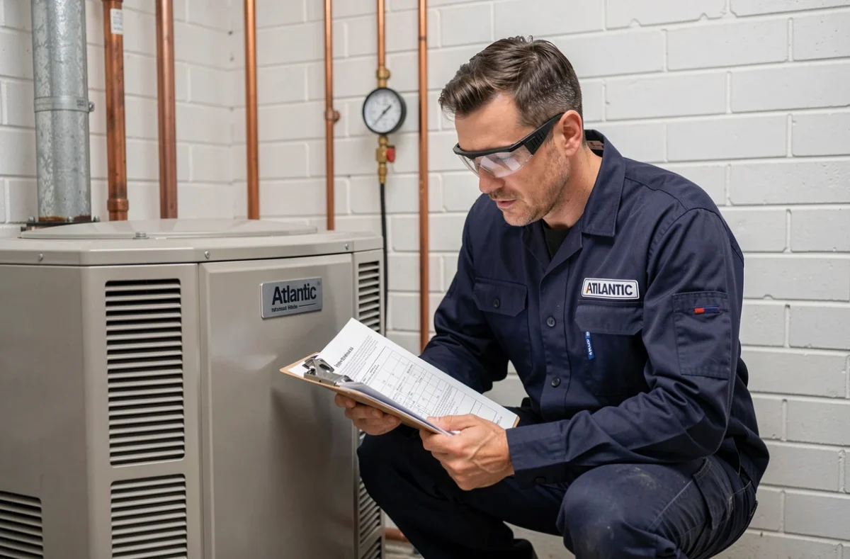 Technicien installant une pompe à chaleur air eau Atlantic dans une chaufferie