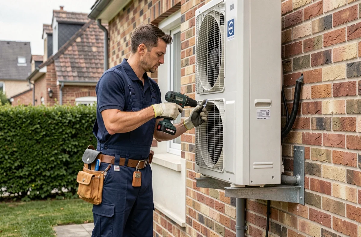 Technicien installant l'unité extérieure d'une pompe à chaleur air-air sur une maison française