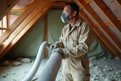Artisan utilisant une souffleuse à ouate de cellulose pour isoler les combles d'une maison, avec équipement de protection individuelle