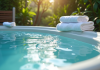 Jacuzzi extérieur avec eau cristalline et serviettes blanches
