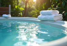 Jacuzzi extérieur avec eau cristalline et serviettes blanches