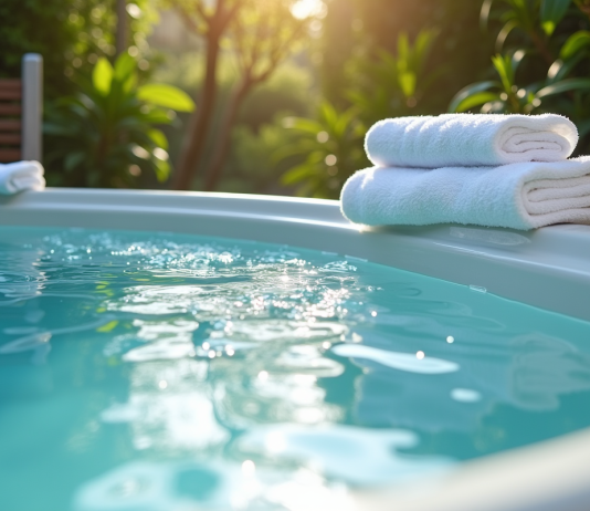 Jacuzzi extérieur avec eau cristalline et serviettes blanches