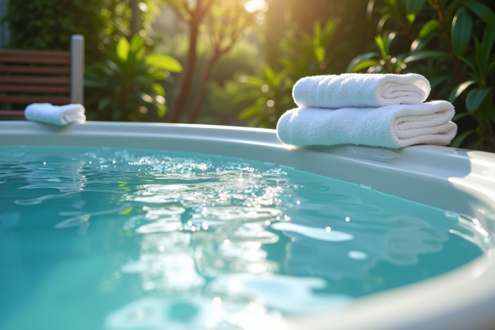 Jacuzzi extérieur avec eau cristalline et serviettes blanches