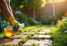 Personne versant du vinaigre sur des mauvaises herbes entre pavés dans un jardin ensoleille