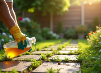 Personne versant du vinaigre sur des mauvaises herbes entre pavés dans un jardin ensoleille