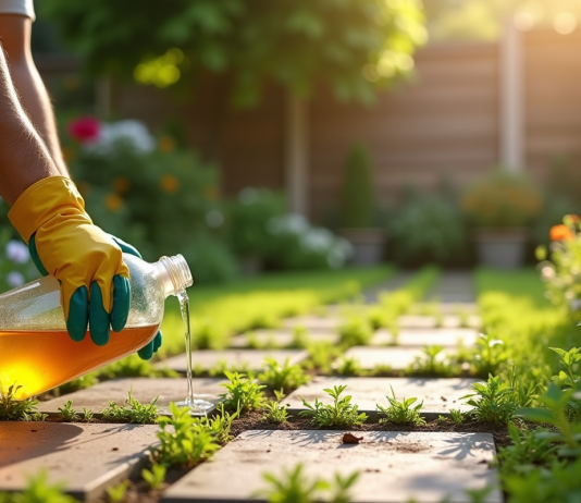 Comment utiliser le vinaigre comme désherbant : conseils et astuces Personne versant du vinaigre sur des mauvaises herbes entre pavés dans un jardin ensoleille