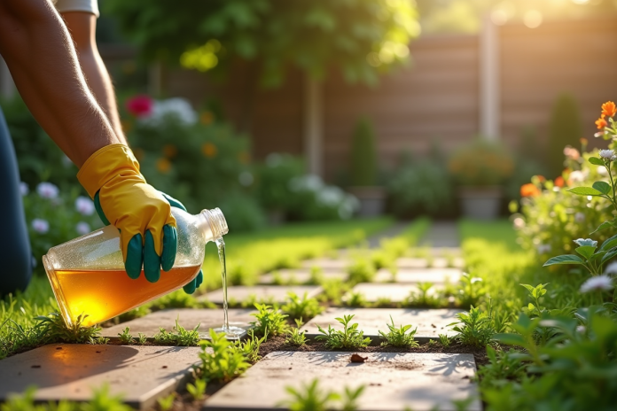 Personne versant du vinaigre sur des mauvaises herbes entre pavés dans un jardin ensoleille