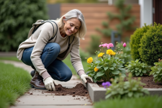 Femme d'âge moyen en jardinage plantant des arbustes dans son jardin