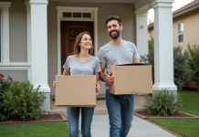 Jeune couple souriant lors d'un déménagement devant une maison